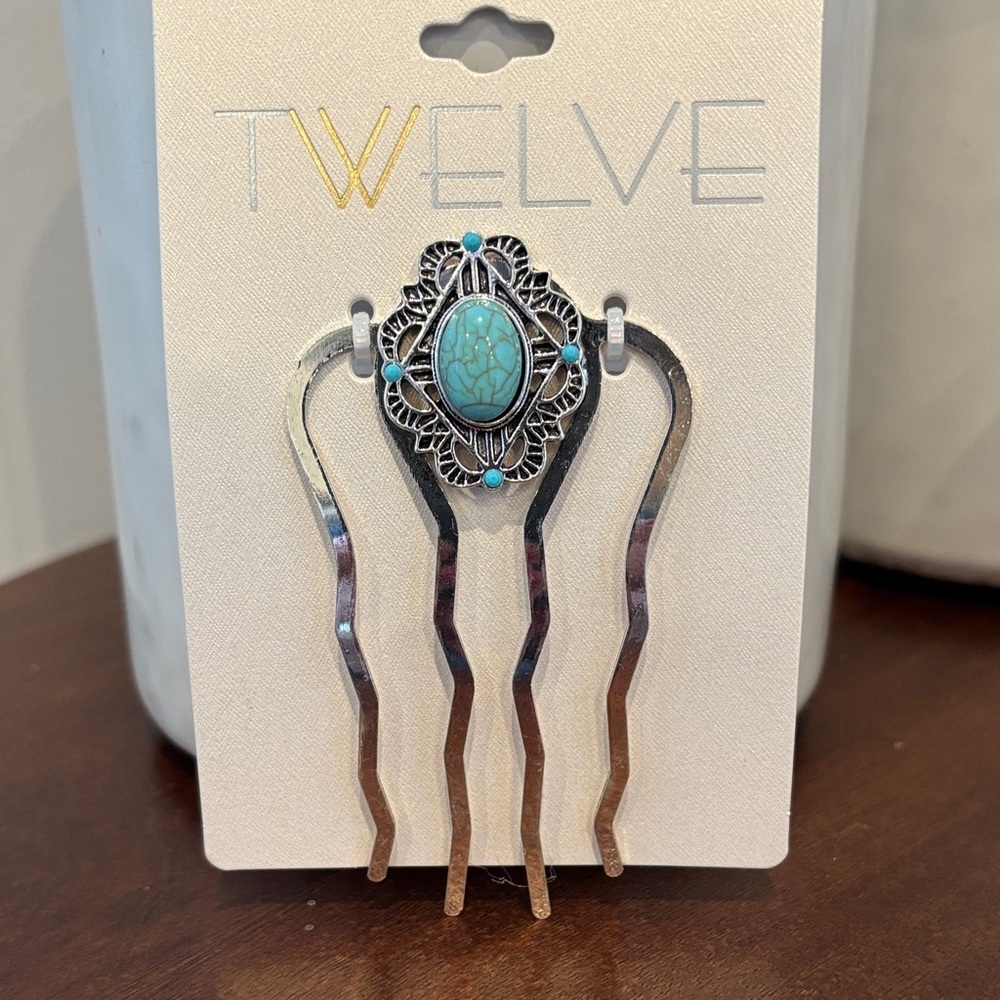 TWELEVE Bun pin hair comb, silvertone w/faux turquoise stones